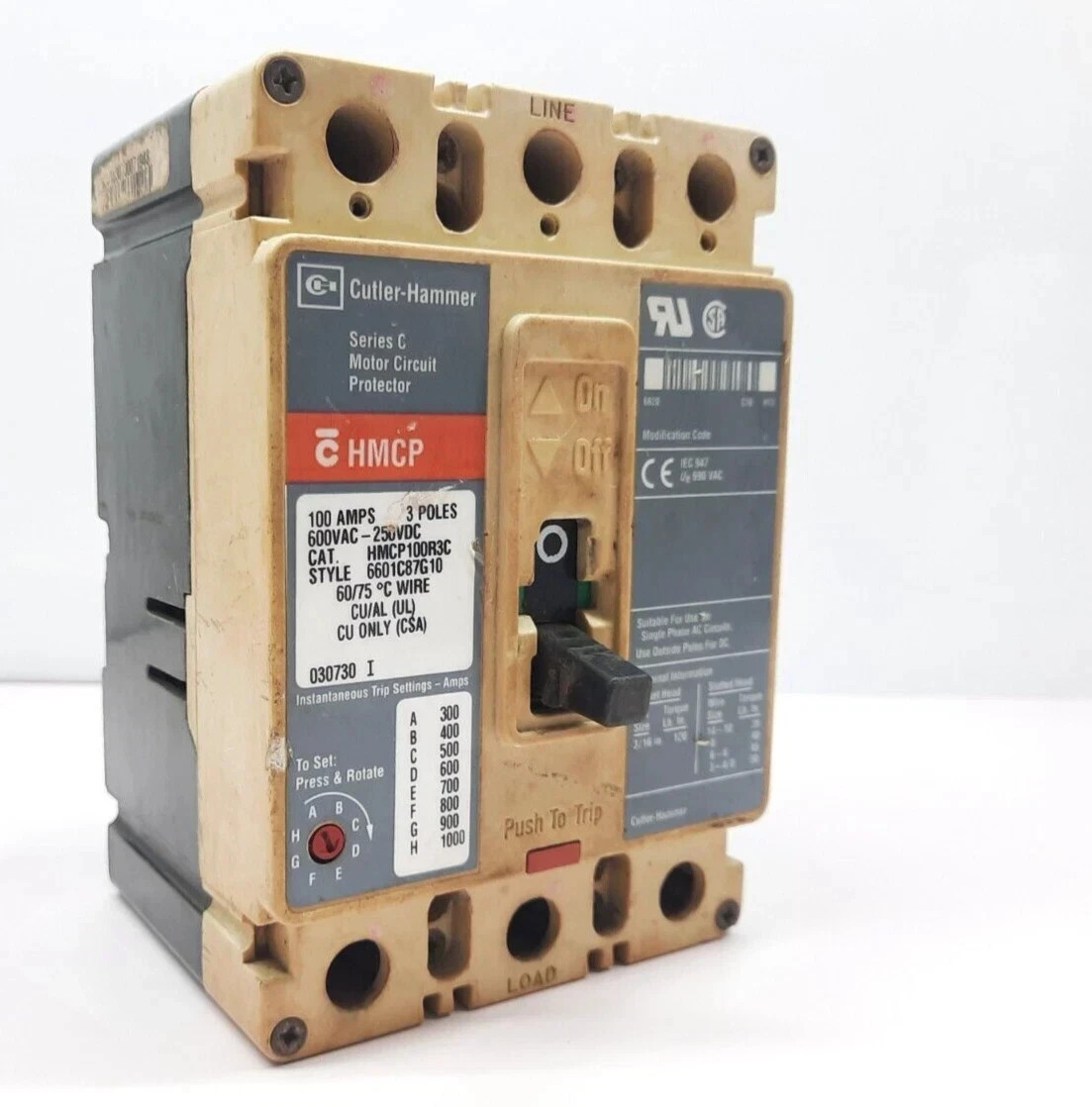 CUTLER HAMMER SERIES C HMCP100R3C Motor CIRCUIT BREAKER 3 POLE 100 AMPS 600VA