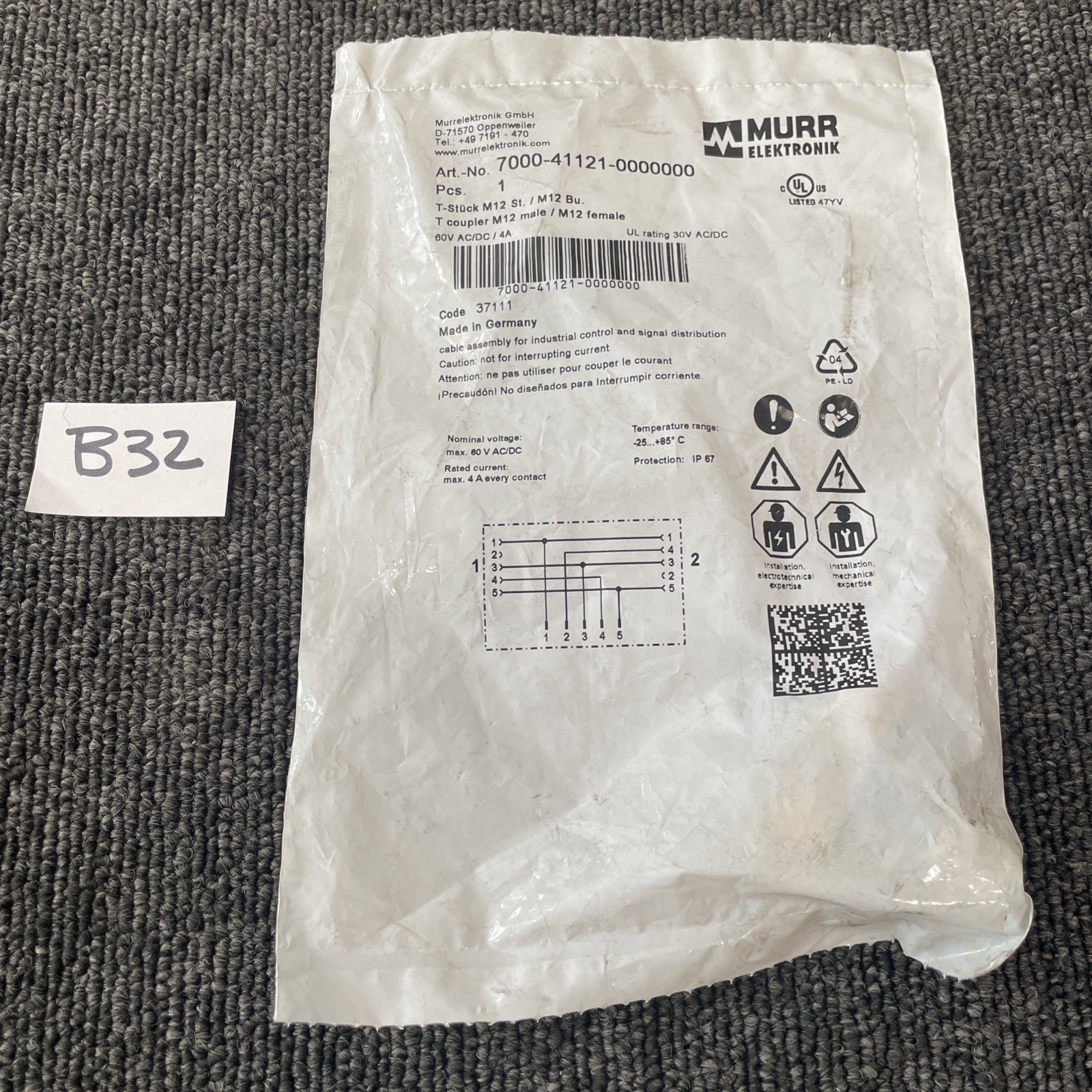 MURR Elektronik 7000-41121-0000000 T coupler, M12 male – M12 female 60V AC/DC