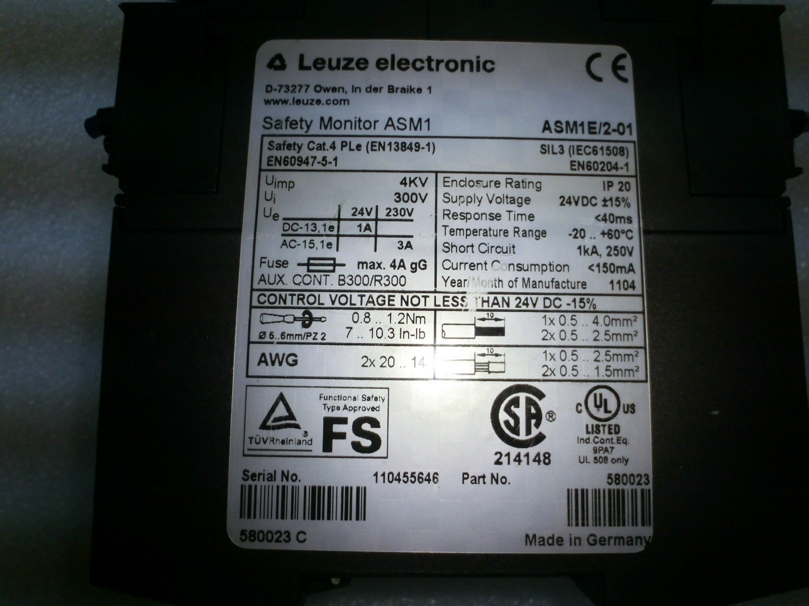 Leuze Electronic ASM1E/2-01 Safety Monitor,24Vdc,Uimp 4KV,Ui 300V,Used,GE+9766