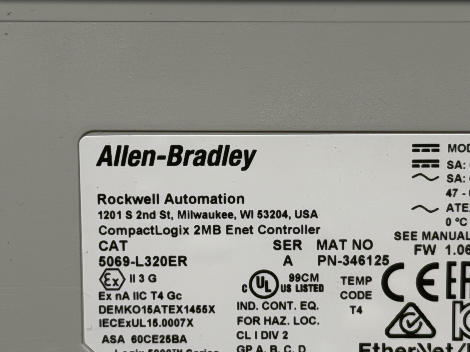 Allen Bradley 5069-L320ER 1784-SD2 CompactLogix 5380 Controller 2MB CPU PLC 2018