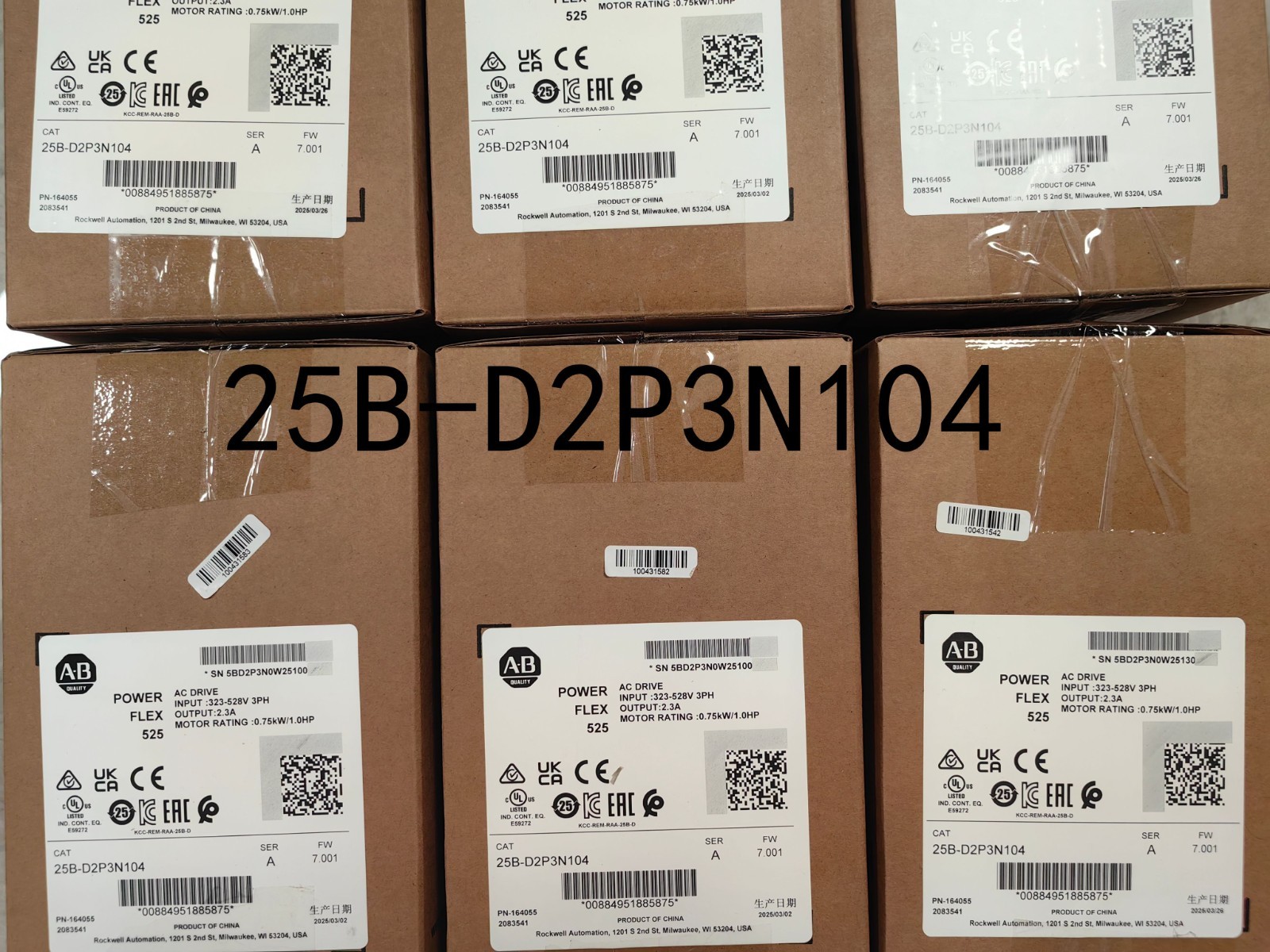 2025 New Allen-Bradley 25B-D2P3N104 Ser A PowerFlex AC Drive 525 0.75kW 1Hp