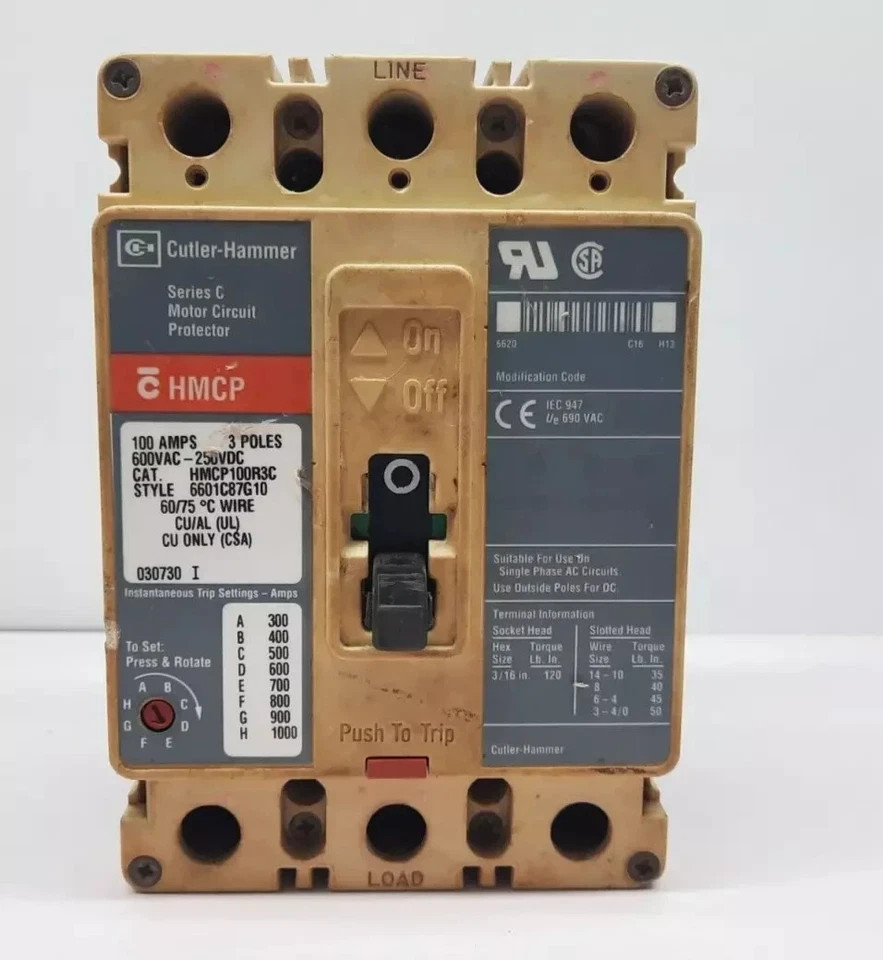 CUTLER HAMMER SERIES C HMCP100R3C Motor CIRCUIT BREAKER 3 POLE 100 AMPS 600VA