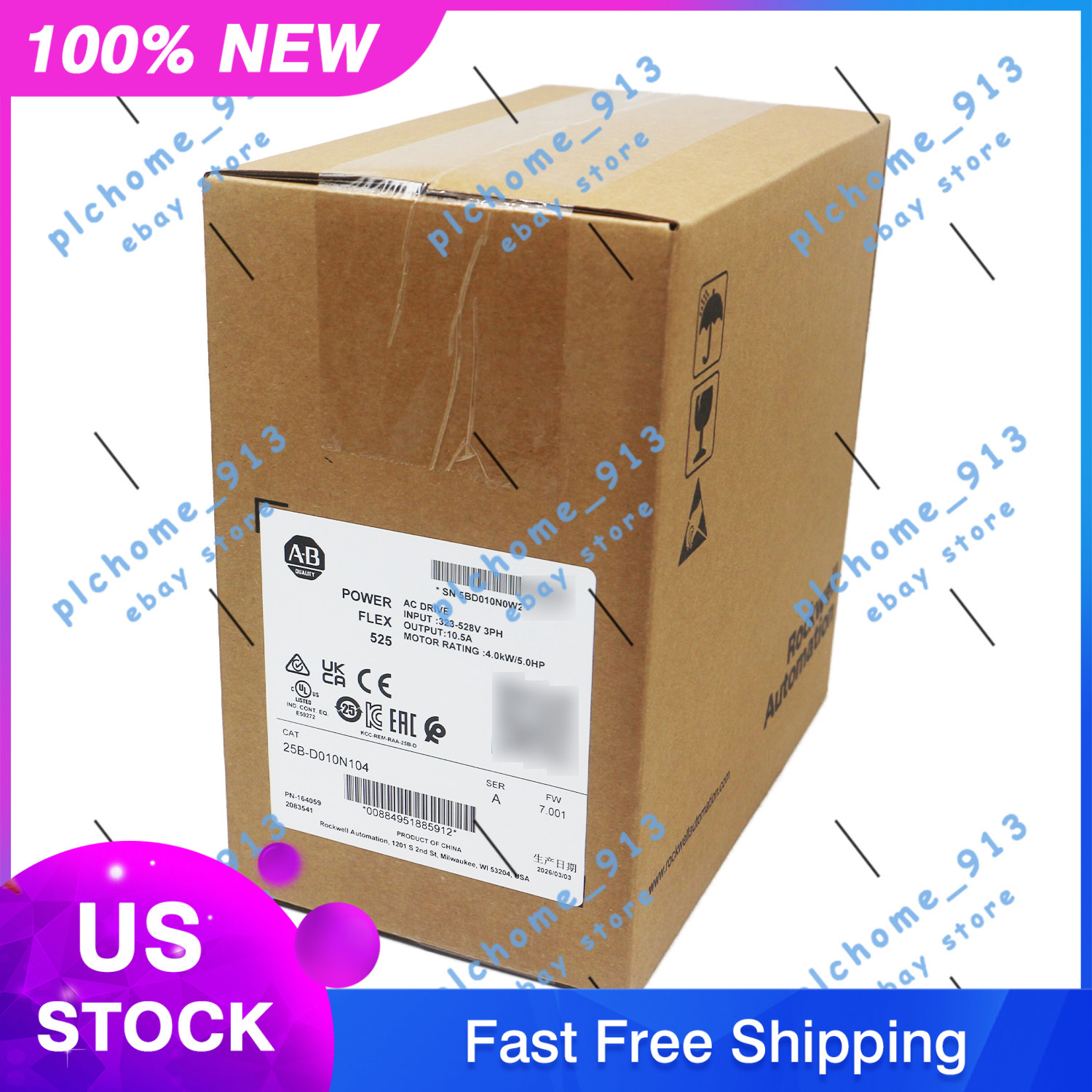 2025-2026 New Sealed Allen-Bradley 25B-D010N104 Powerflex 525 AC Drive 5HP 4.0KW