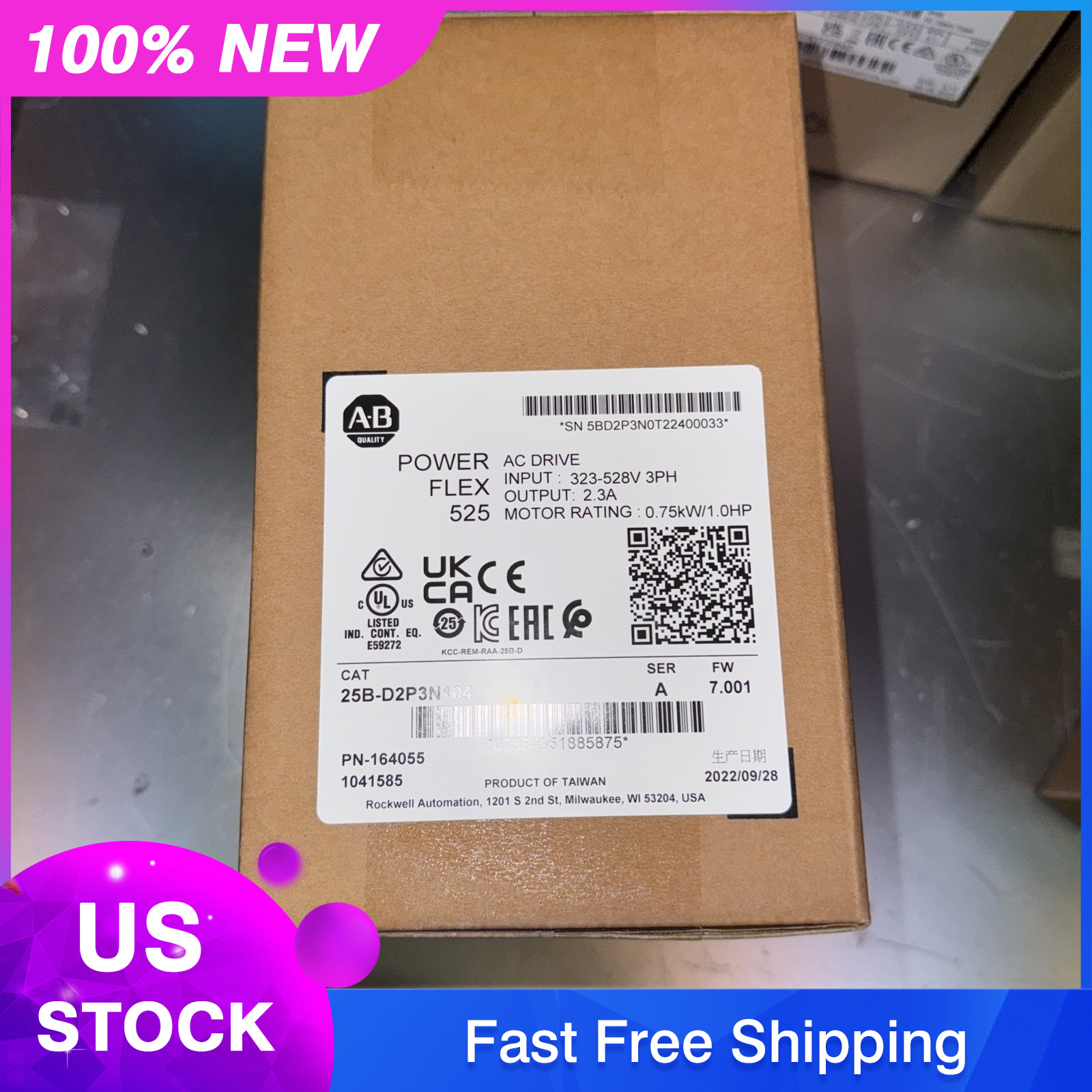 NEW 25B-D2P3N104 AB PowerFlex 525 0.75kW 1Hp AC Drive 2023 Factory Sealed, BWY