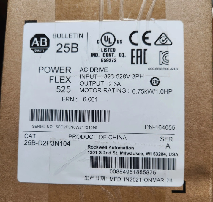 Allen-Bradley 25B-D2P3N104 PowerFlex 525 0.75kW 1HP AC Drive – Sealed New VFD