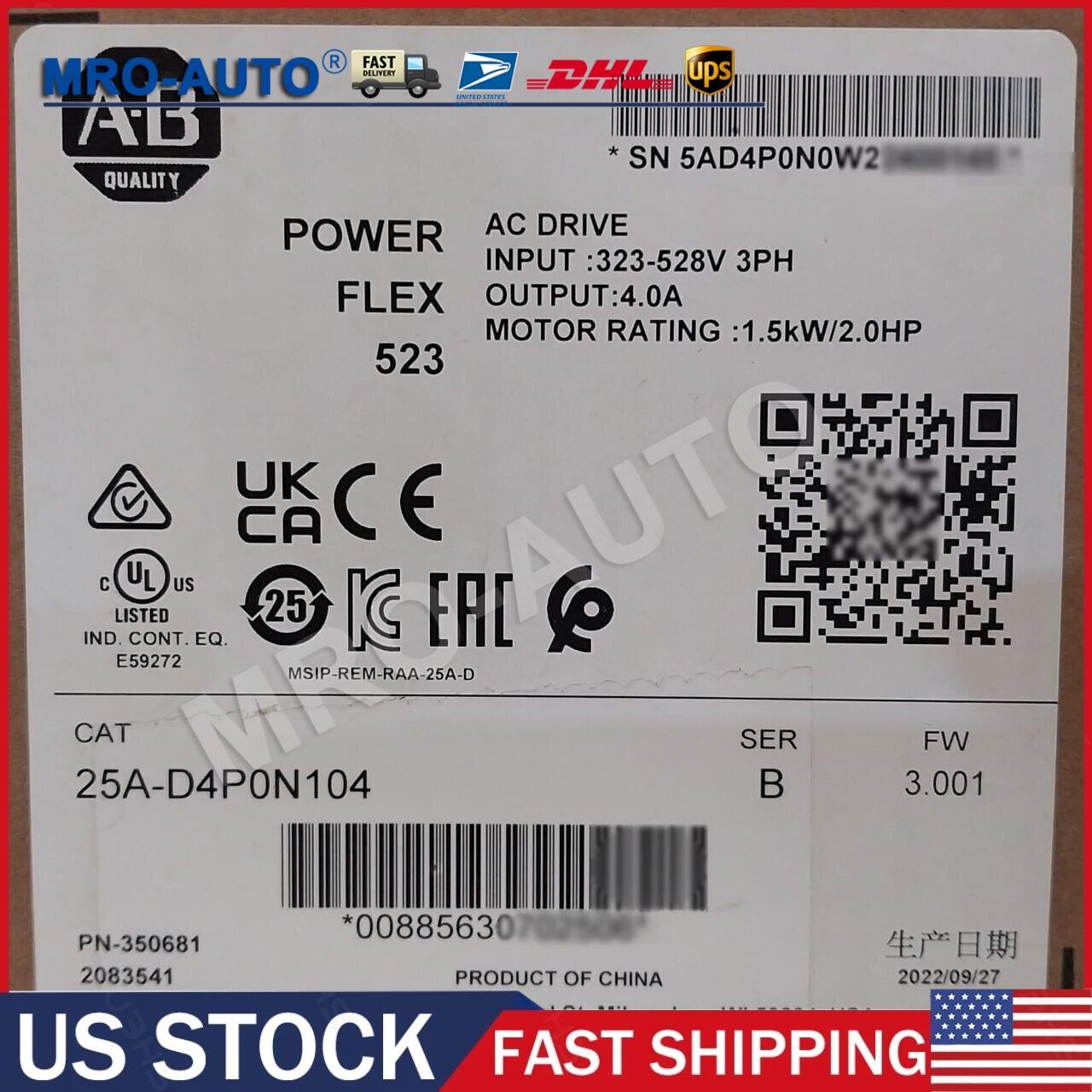 New Sealed Allen-Bradley 25A-D4P0N104 Ser B PowerFlex 523 AC Drive 1.5kW 2.0HP