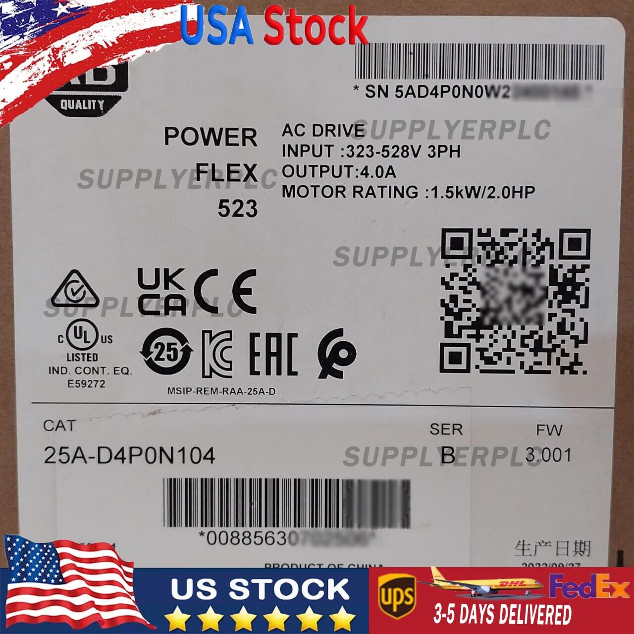 New Sealed Allen-Bradley 25A-D4P0N104 Ser B PowerFlex 523 AC Drive 1.5kW 2.0HP