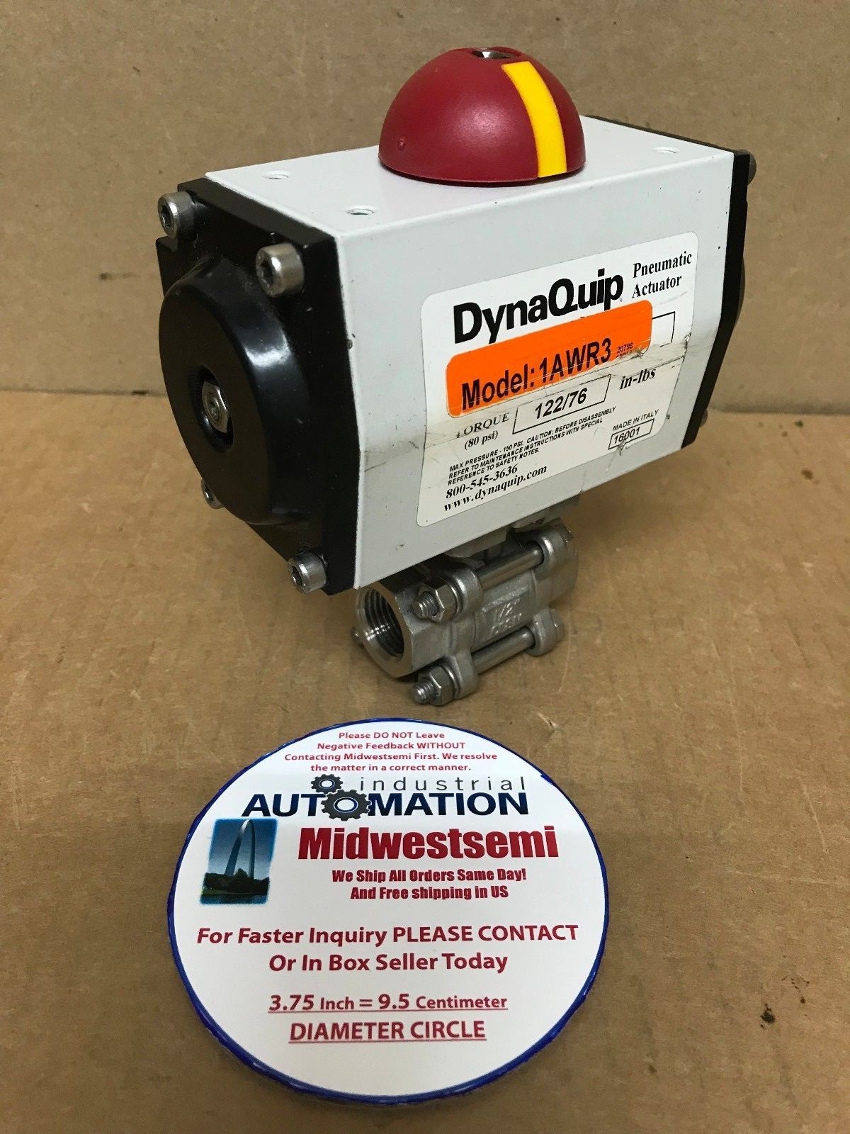 DYNAQUIP 1AWR3 PNEUMATIC ACTUATOR BALL VALVE 1/2 IN 316 SST 80PSI FRESHIPSAMEDAY