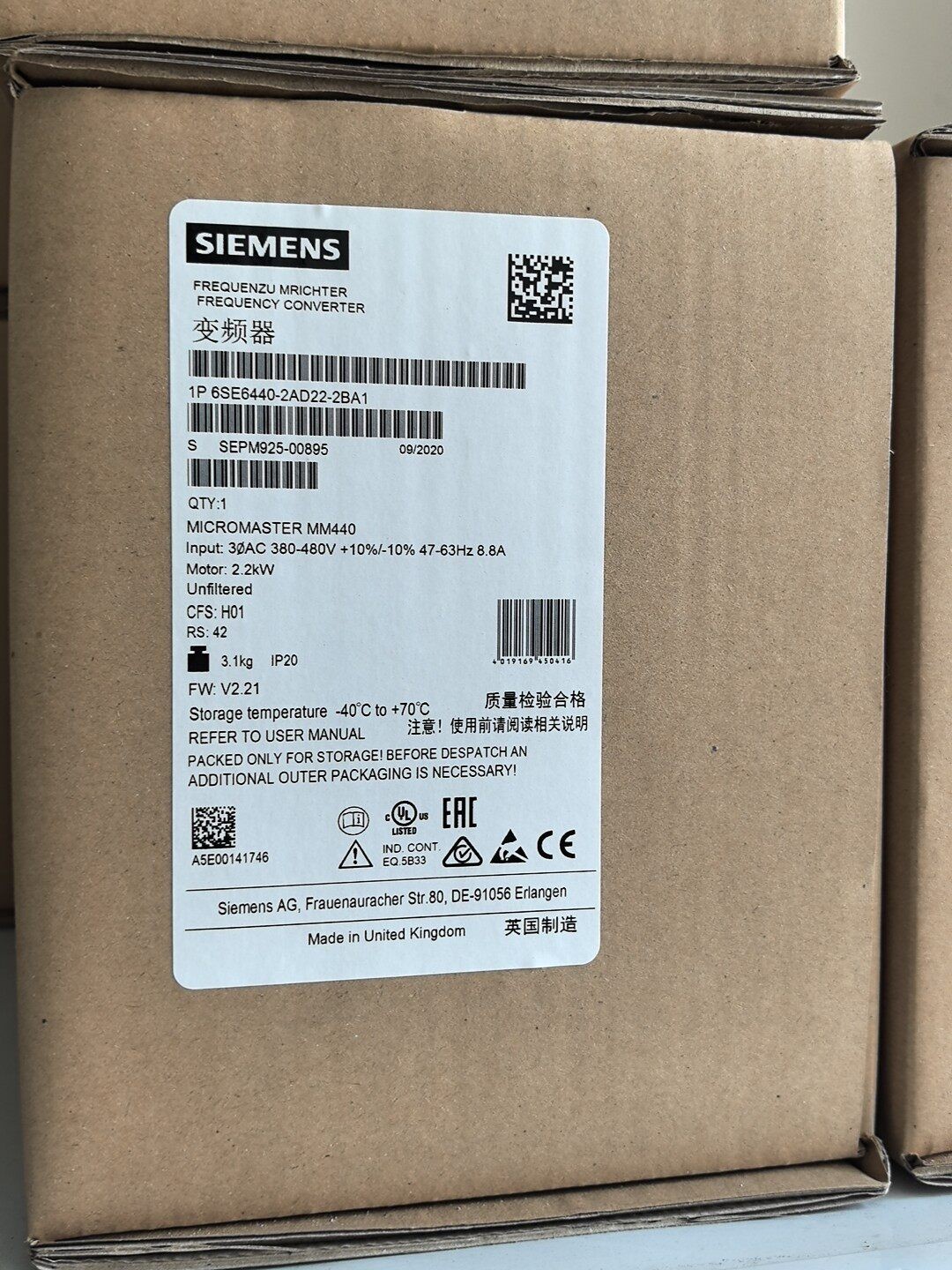 1PC NEW Siemens 6SE6440-2AD22-2BA1 MICROMASTER VFD Industrial Automation