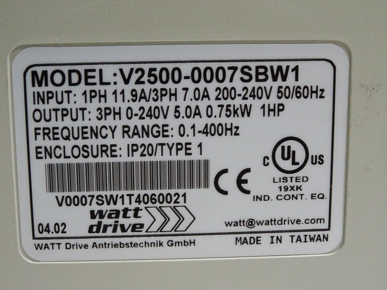 Watt Drive V2500 OPTI-Line V2500-0007SBW1 0.75kW Frequency Inverter / Mint Condition