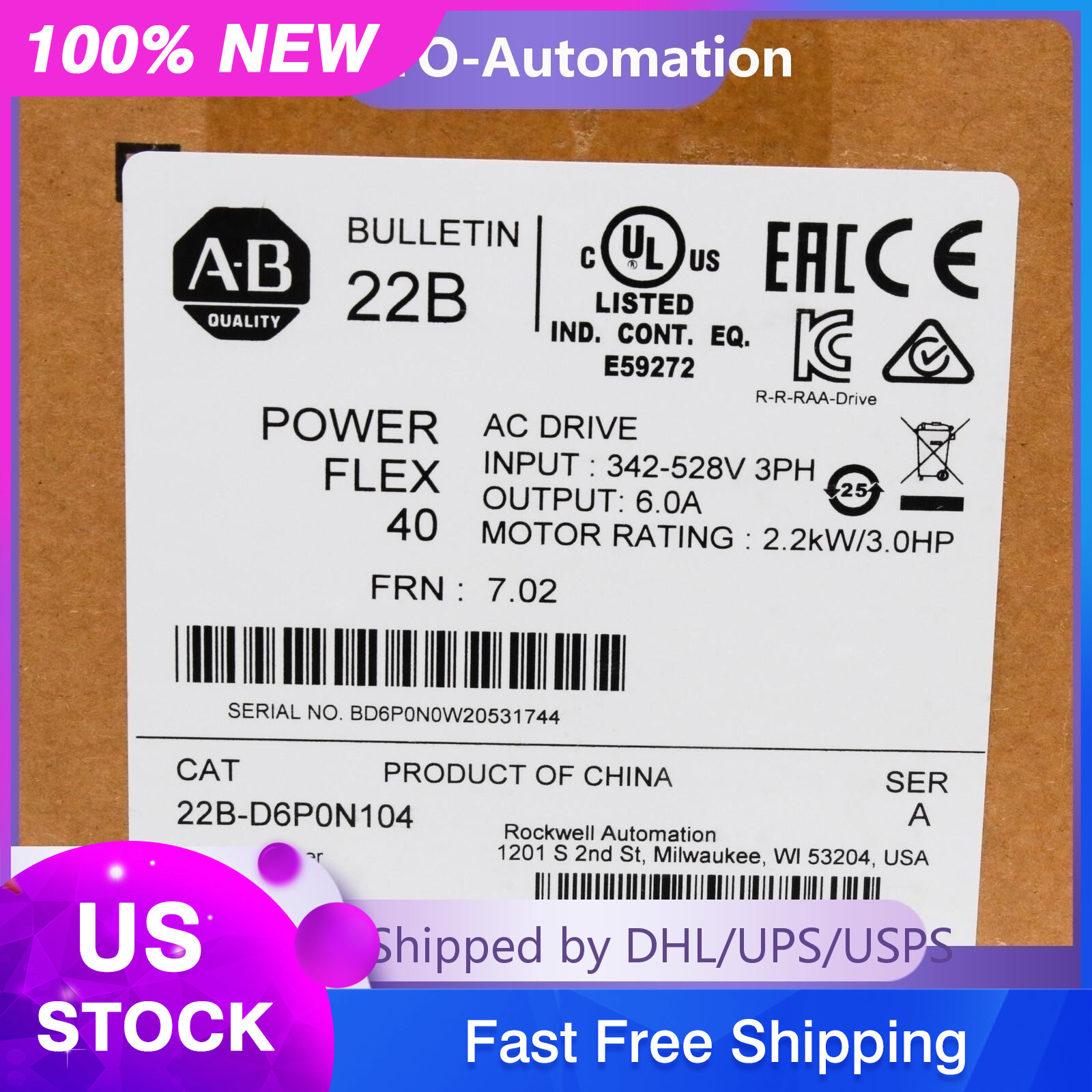 22B-D6P0N104 Allen-Bradley PowerFlex 40 2.2KW/3.0HP AC Drive US Free Tax