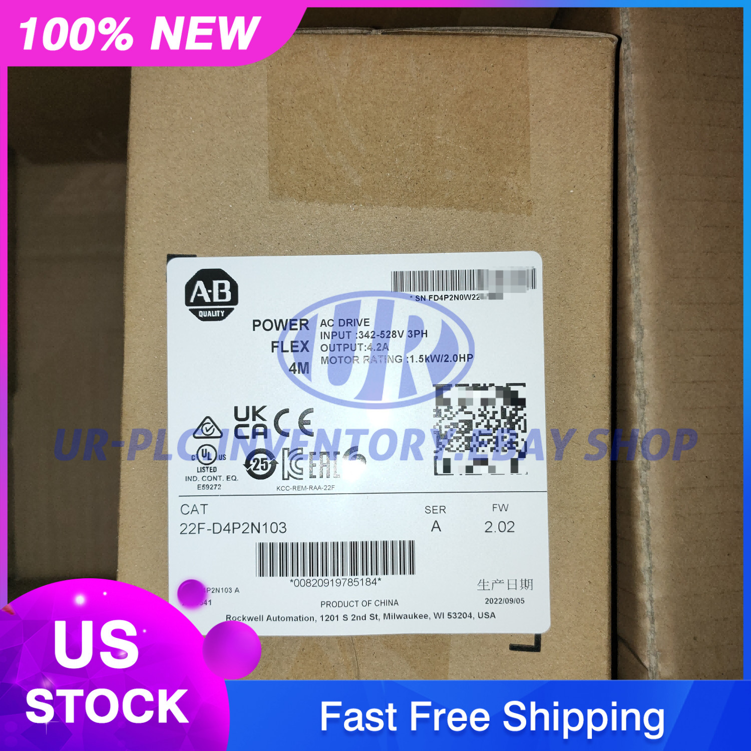 New Allen-Bradley 22F-D4P2N103 PowerFlex4M AC Drive 1.5 kW 3 PH 2HP