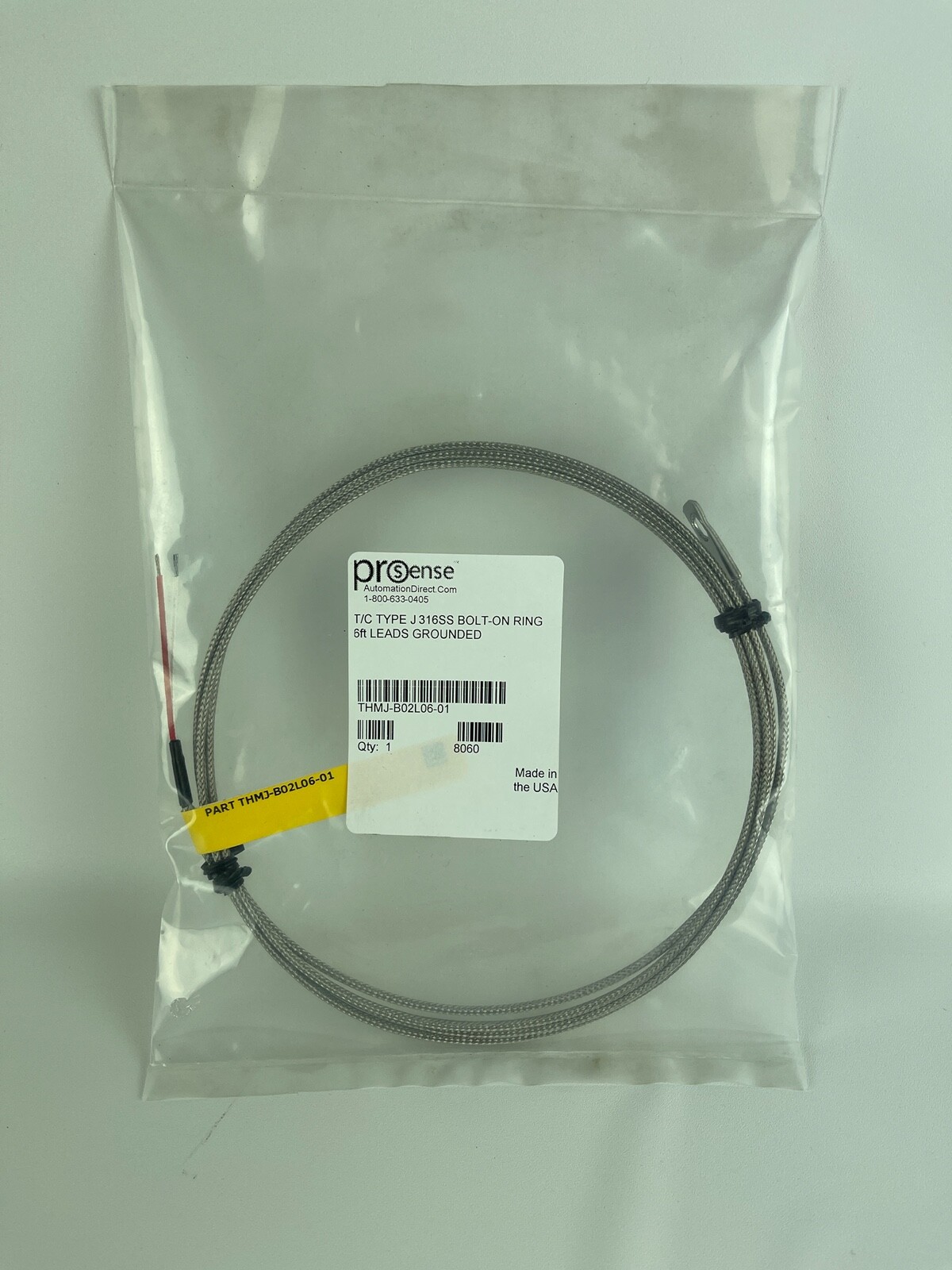 Prosense Automation Direct THMJ-B02L06-01 T/C Type J316SS Bolt-On Ring 6ft Leads