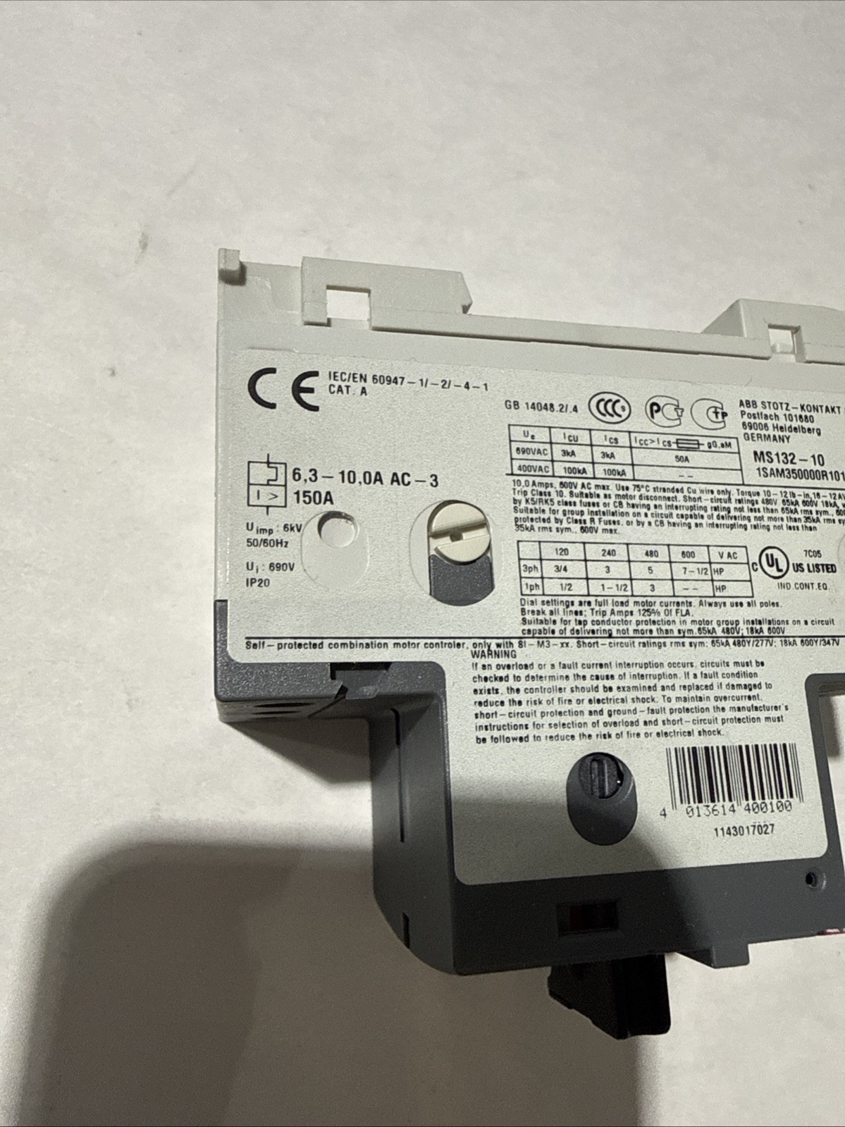 NEW* ABB MS132-10 (6.3-10A) Motor Protection Circuit Breaker Free US shipping
