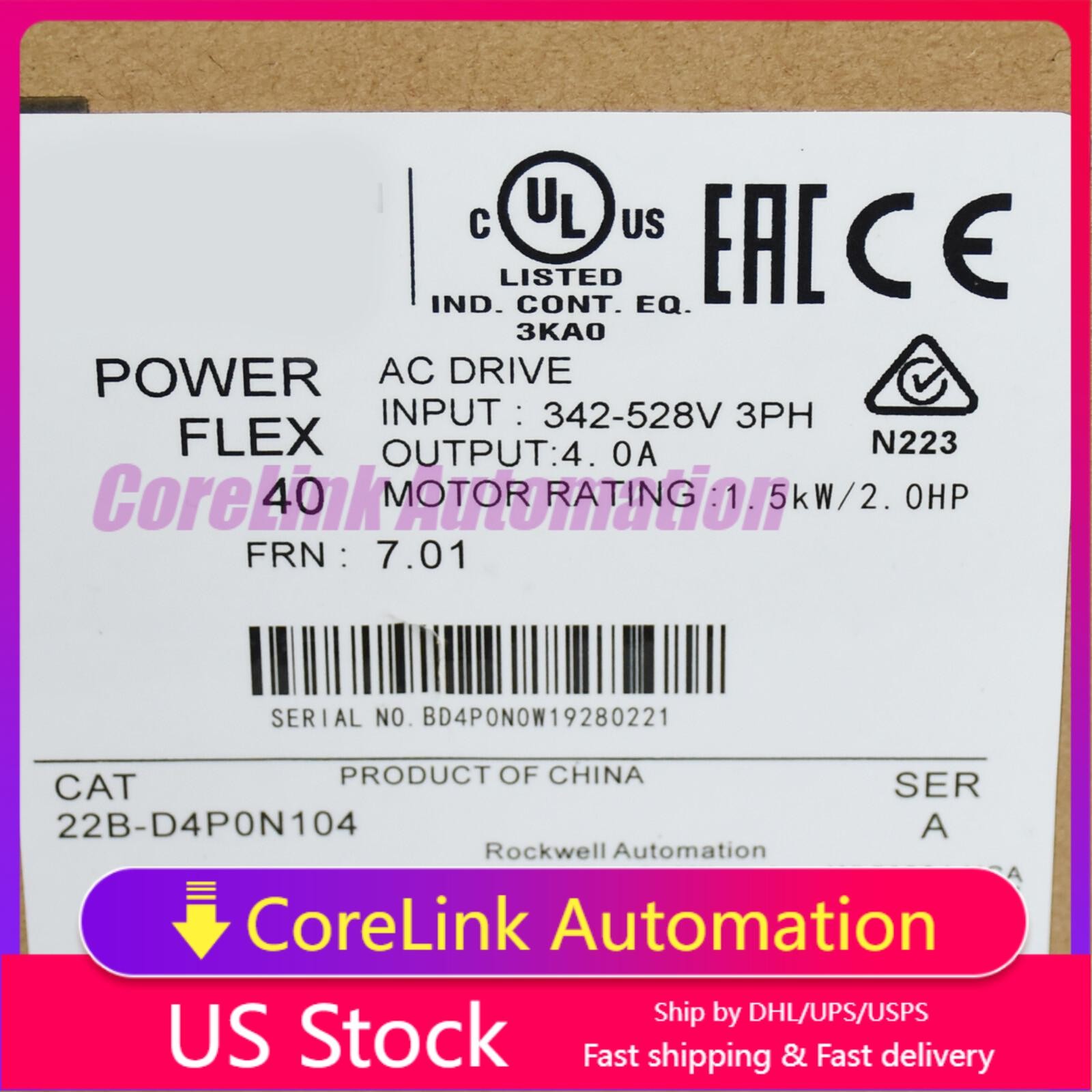 New Sealed Allen-Bradley 22B-D4P0N104 PowerFlex 1.5 kW 2 HP AC Drive AB