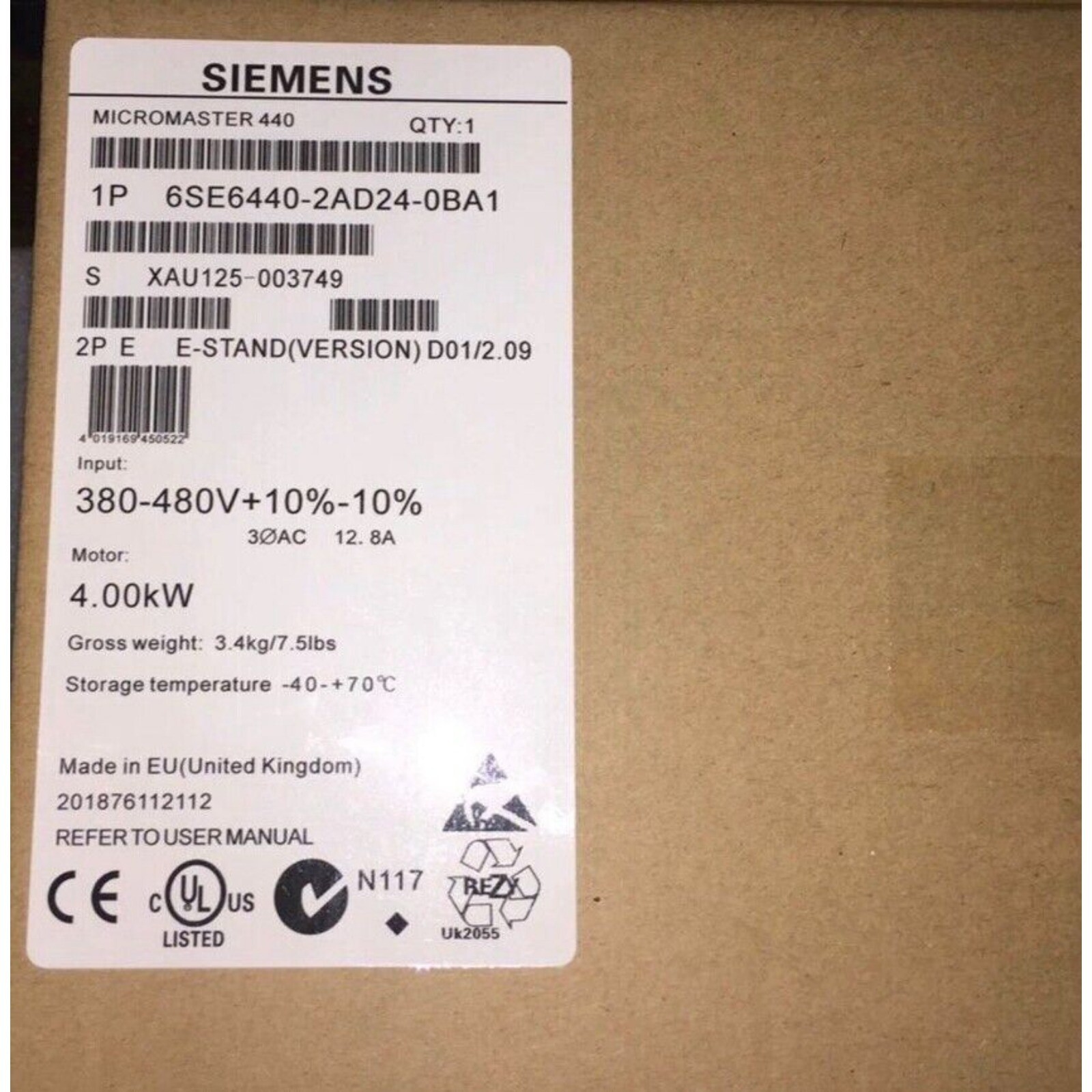 New Siemens 6SE6440-2UD24-0BA1 MICROMASTER440 without filter 6SE6 440-2UD24-0BA1