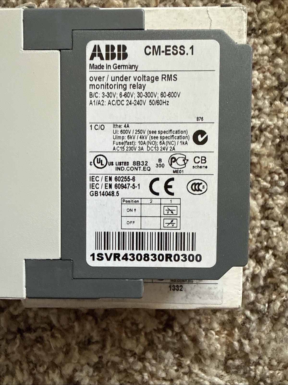1PCS NEW ABB Single-phase voltage monitor CM-ESS.1S 1c/o, 3-600V, 24-240VAC/DC