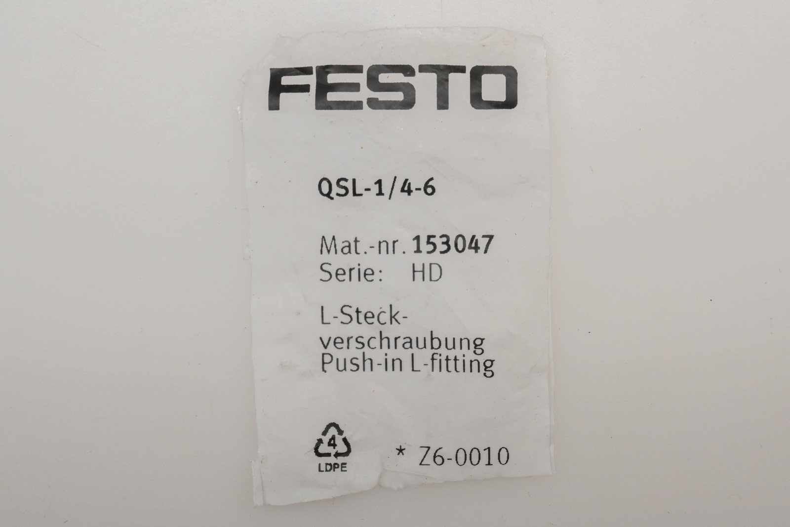 Festo QSL-1/4-6 6mm x 1/8″ Push-In 90� Fittings Qty 2 NOS