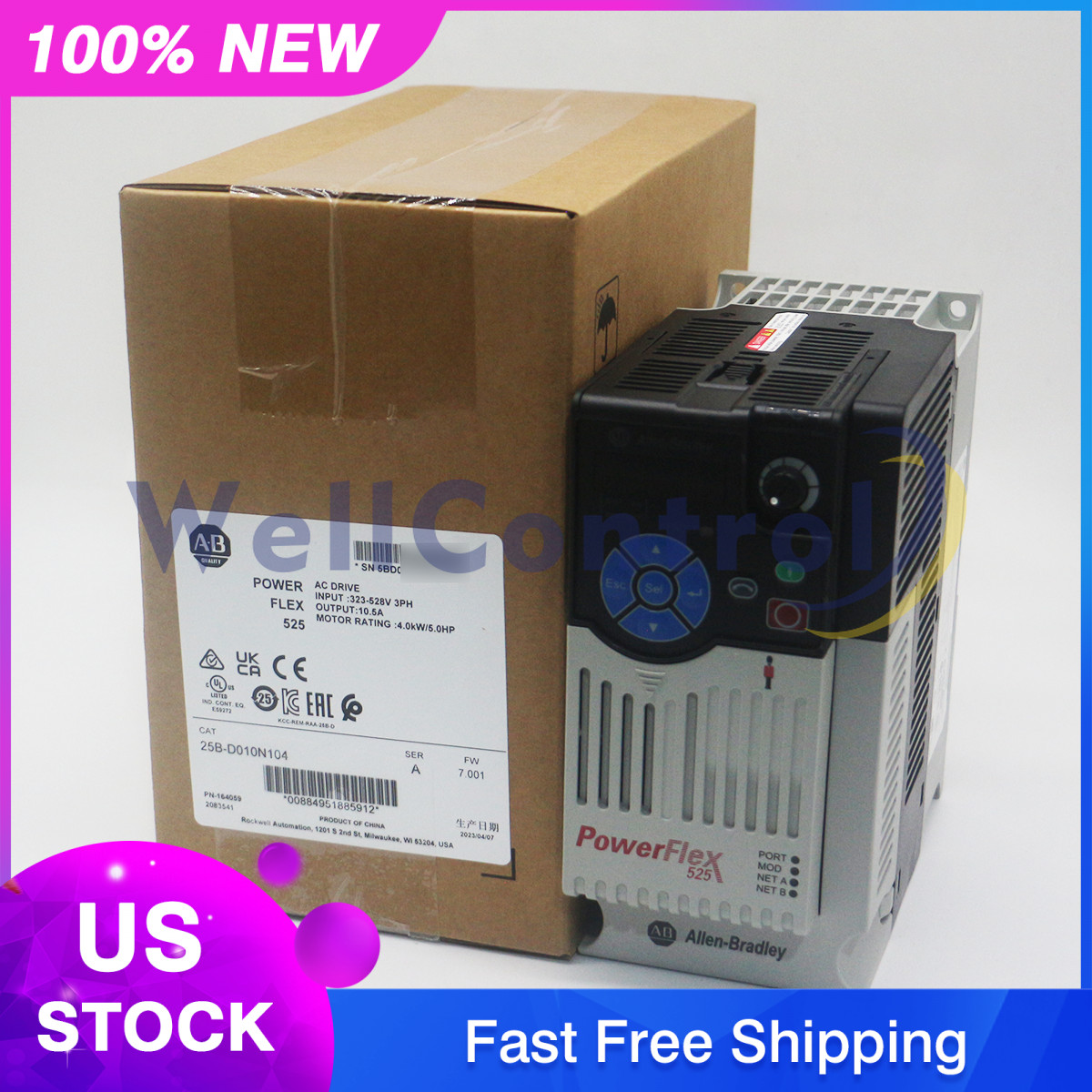 New Sealed Allen-Bradley 25B-D010N104 Powerflex 525 AC Drive 5HP 4.0KW