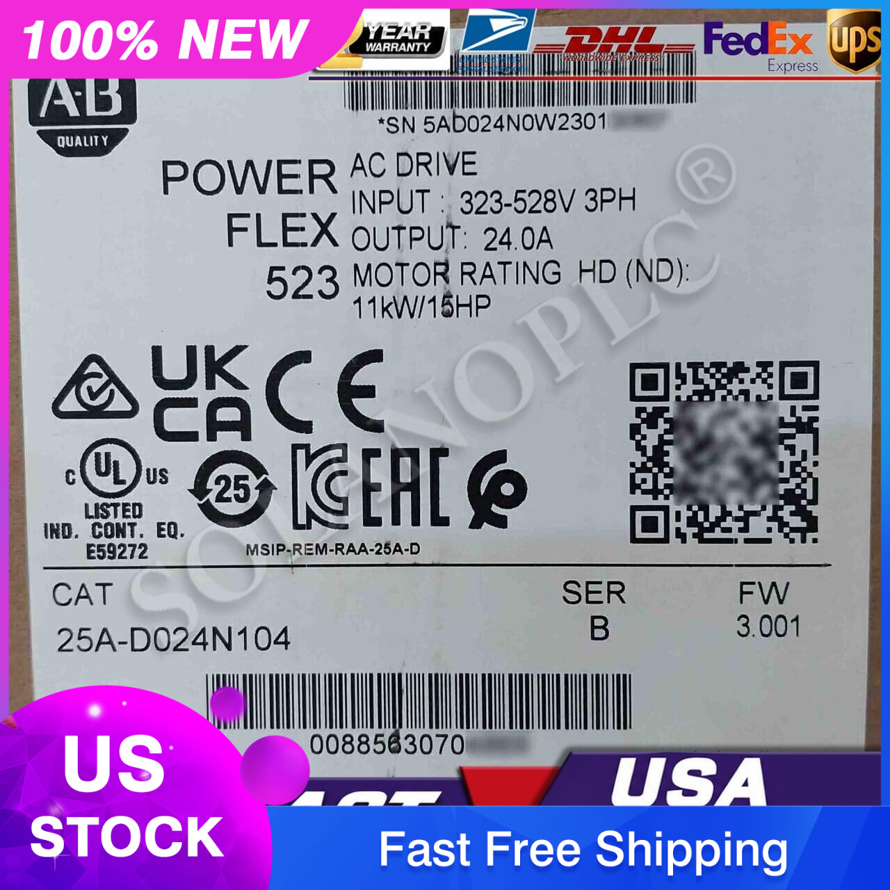 New Sealed Allen Bradley 25A-D024N104 Ser B PowerFlex 523 AC Drive 11kW 15HP