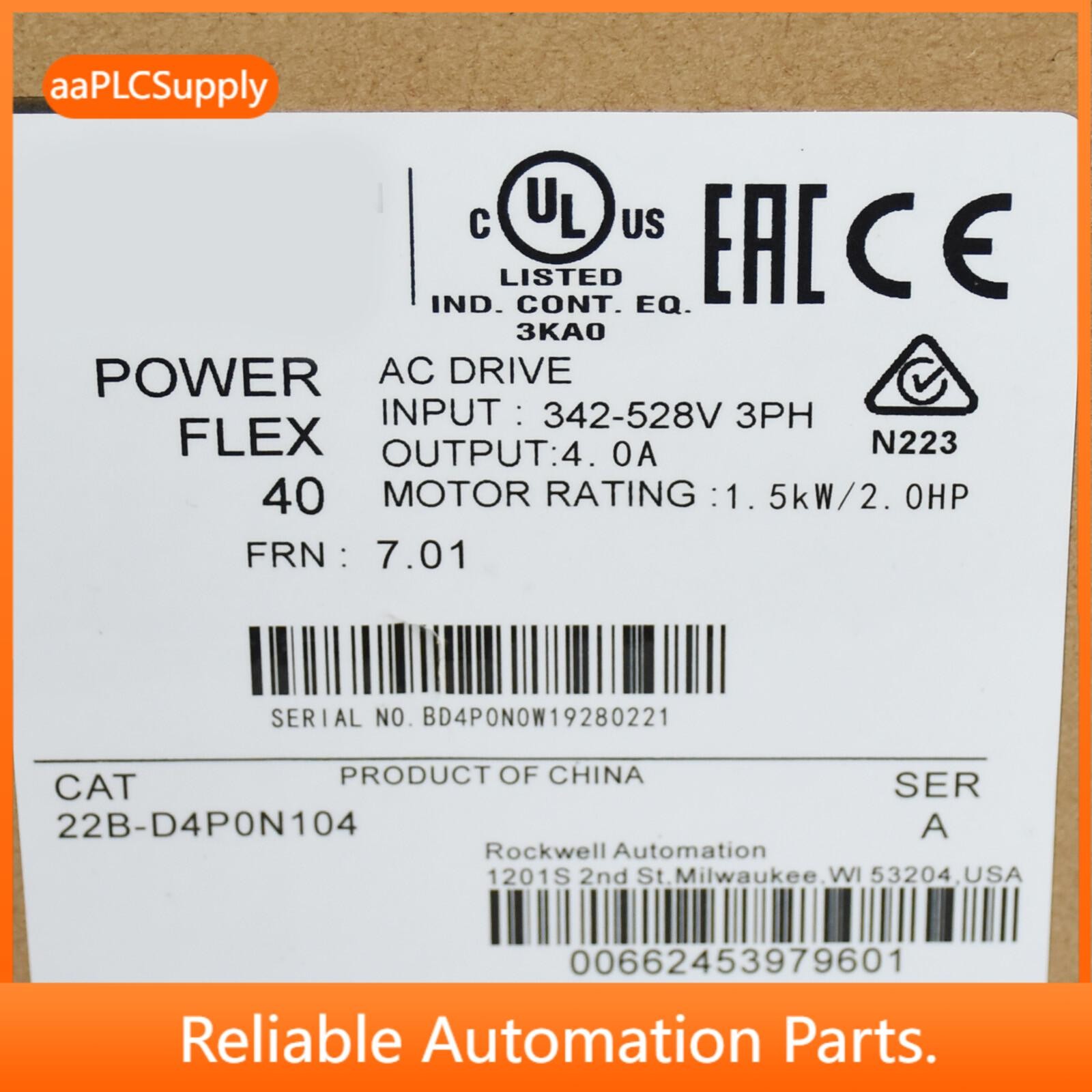 New Sealed Allen-Bradley 22B-D4P0N104 PowerFlex 1.5 kW 2 HP AC Drive AB