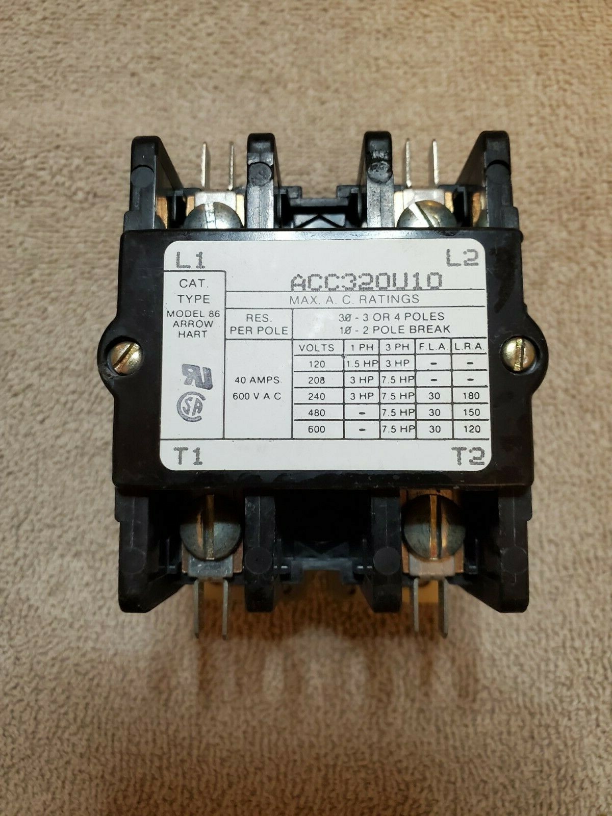 ARROW-HART Model 86 ACC320U10 / ACC320U10 A.C. RELAY 40 Amp 600 VAC