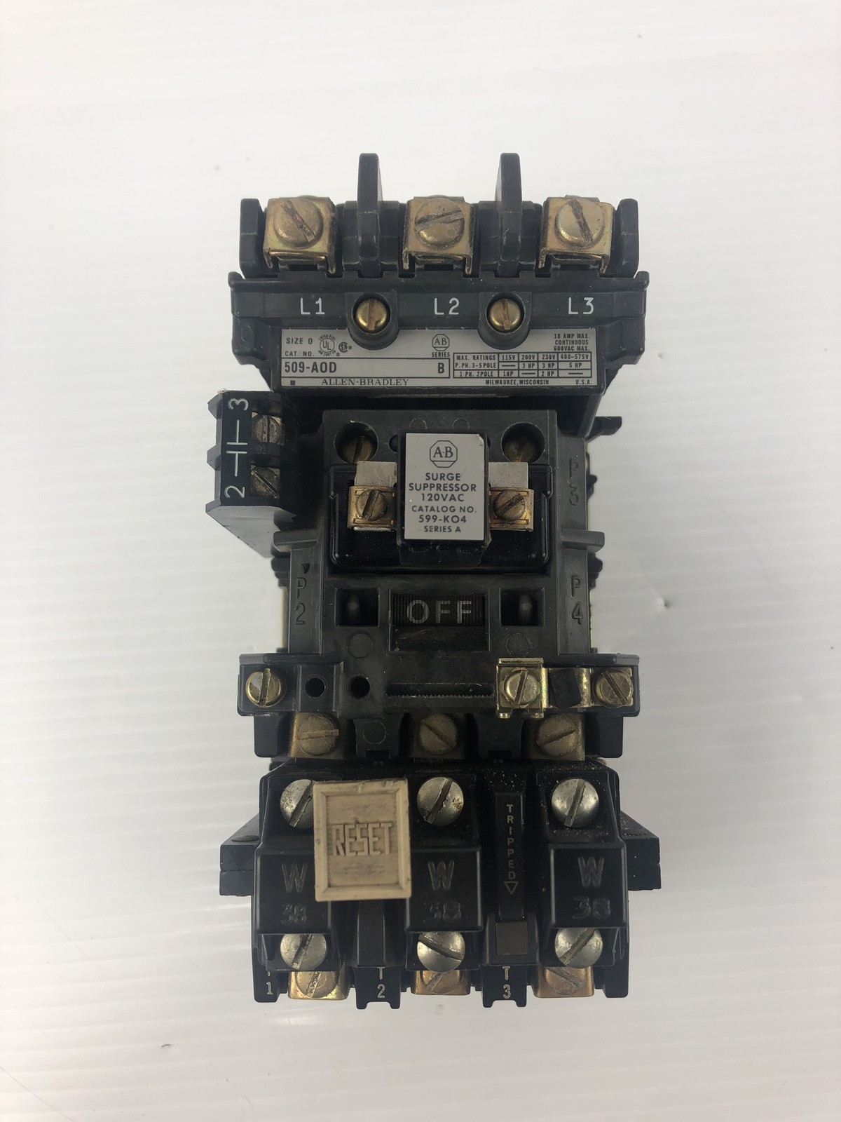 Allen-Bradley 509-AOD Motor Starter 592-B0W16 Overload Relay 595-A Aux. Contact