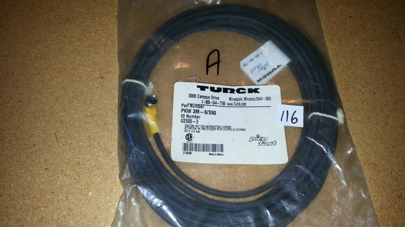 Turck PKW 3M-6/S90 M8 3-Pin Female Cordset Cable 125V 4A Sensor Connector Wire