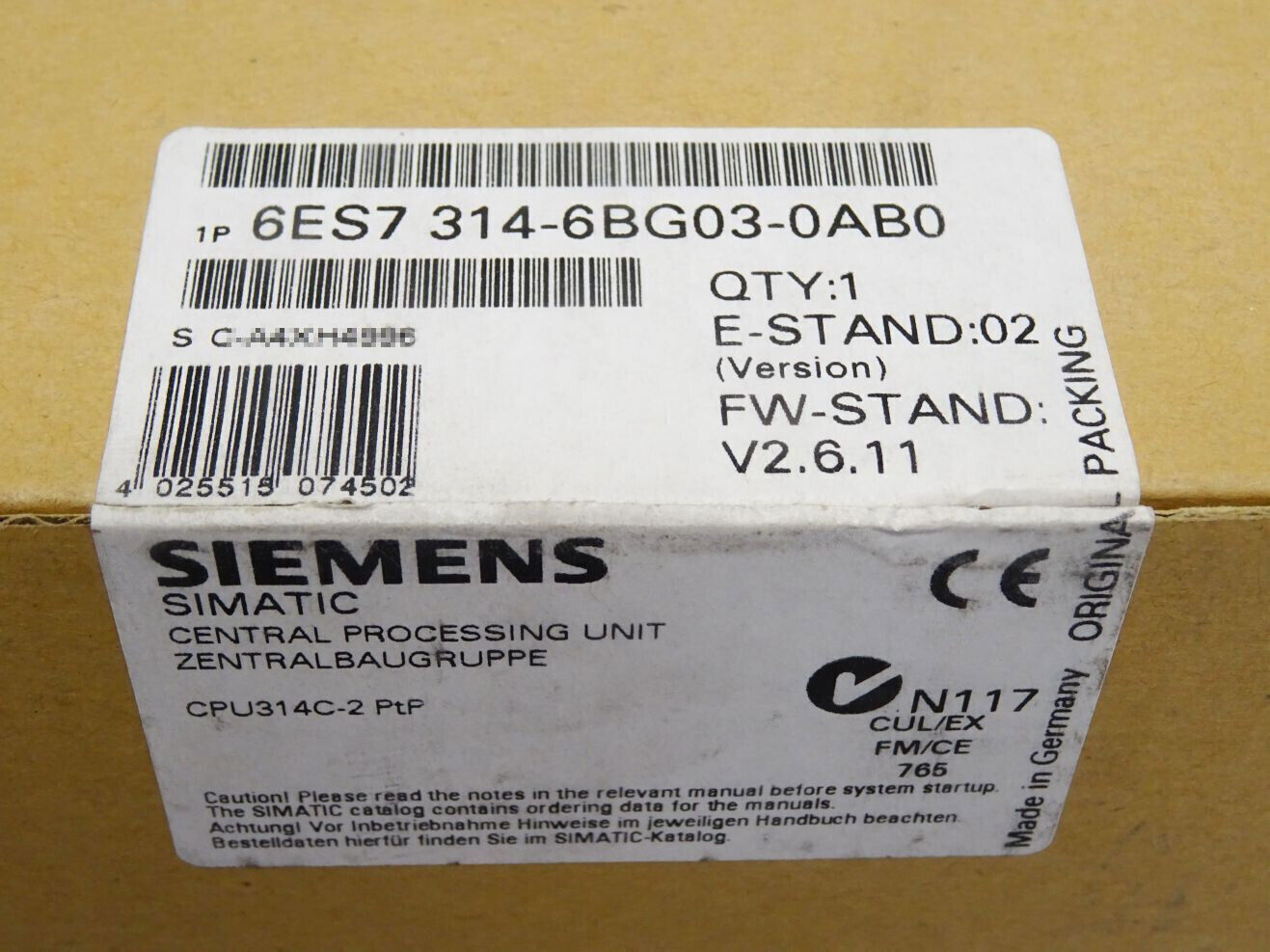 6ES7 314-6BG03-0AB0 NEW SIEMENS S7-300 CPU 314C-2 6ES7314-6BG03-0AB0 FedEx/DHL